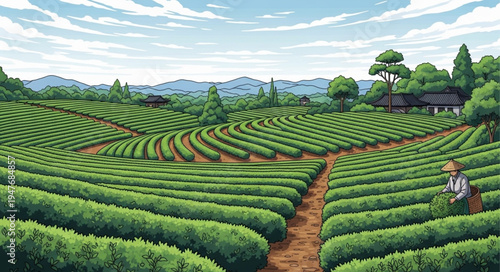 Rolling green tea plantation with a farmer tending crops.
