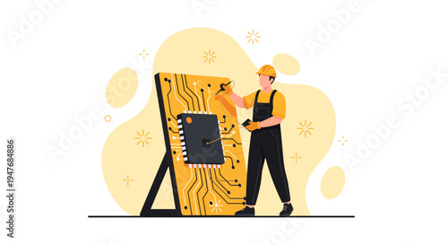 Engineer Man Fix Big CPU Chip Board Tech Work Male Tool Pro Job Aid Web Art