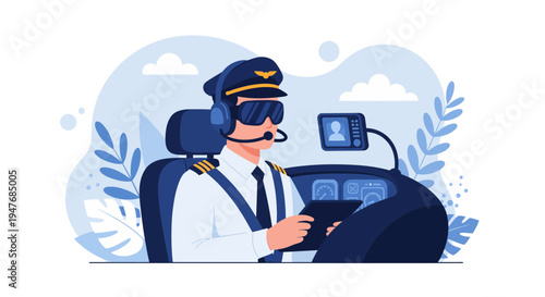 A male pilot in uniform cap and headset uses a tablet in a cockpit now