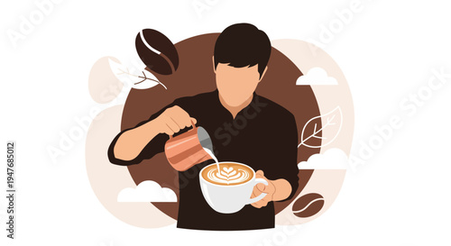 Male barista pour milk into coffee cup for latte art at cafe shop and work hard