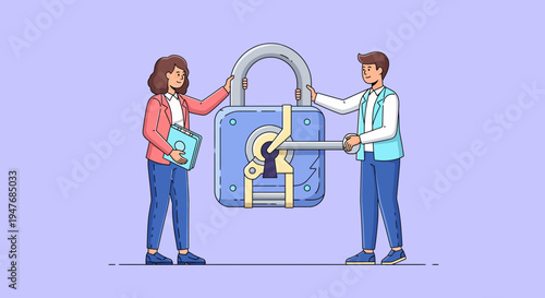 Man and a woman use a key to open a big lock for safety data security
