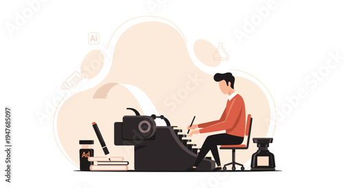 A man at desk uses old typewriter to write new book and story for work