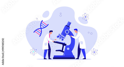 Two male scientists working in a laboratory with a microscope and DNA icons for medical research science