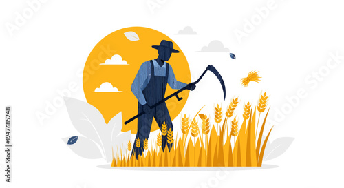 Man cut wheat in sun at farm for crop seed food work rural gold sky
