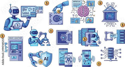 AI Powered Smart Banking and Financial Automation Icon Set Featuring Artificial Intelligence Robots, Digital Transactions, Automated Security Systems and Fintech Technology Concepts