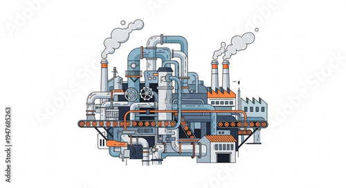 Complex industrial factory complex with smoke stacks emitting steam.