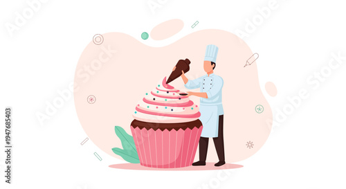 Professional pastry chef male cook person decorating giant pink sweet cupcake dessert with chocolate cream piping bag illustration