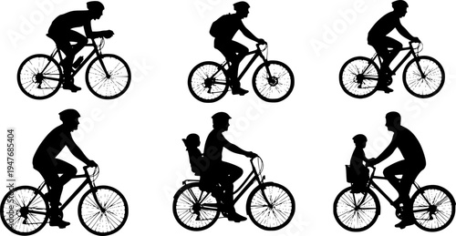 set of silhouettes of people riding bicycle. cyclist side view. isolated on a background