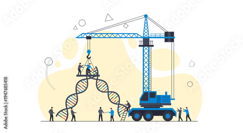 Scientists work to build a giant DNA helix with a crane for research into biotechnology and genetic engineering developments