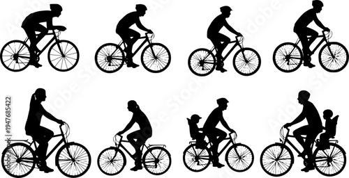 set of silhouettes of people riding bicycle. cyclist side view. isolated on a background