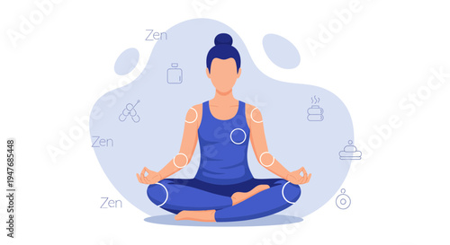 Zen Yoga Girl Pose Health Mind Soul Body Peace Rest Blue Art Design Flat Vector Style