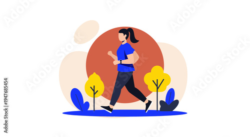 Healthy woman jogging in the park for daily exercise and fitness training under the bright warm sun flat vector illustration concept