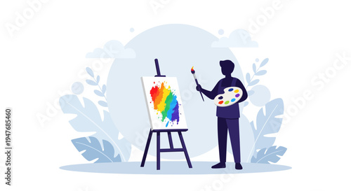 Artist painting colorful rainbow art on canvas with brush and palette for creative hobby fine art study session
