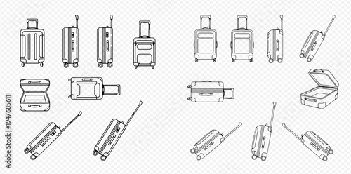 Set of line art illustrations of travel suitcases in various views and positions, perfect for design elements related to tourism and luggage.