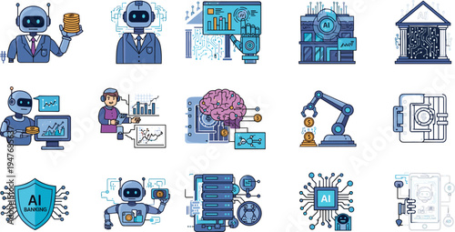 Artificial Intelligence in Banking and Finance Icon Set Featuring AI Robots, Automated Financial Analysis, Smart Banking Systems, Data Processing and Fintech Technology Concepts