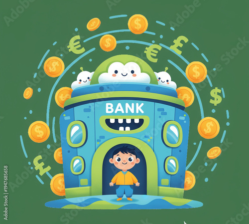 Engaging cartoon illustration of a vibrant bank and a child, encapsulating the journey of financial education, secure savings, and a bright future in a playful and welcoming economic landscape