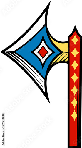 An axe medieval weapon design illustration in a vintage woodcut retro tattoo style