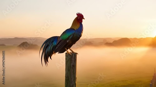 Rooster Crowing on Fence Post at Sunrise in Foggy Rural Landscape