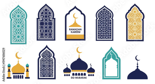 Ramadan and eid mubarak decorative islamic window and moon designs
