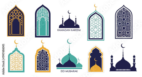 Islamic architectural elements and crescent moons for ramadan and eid