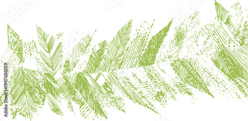 Green fern leaf pattern with textured hatching lines on white background