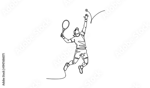 One continuous line drawing tennis player smash action minimalist sports vector illustration
