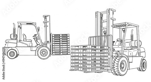 Two Forklifts Moving Pallets of Goods in a Warehouse.