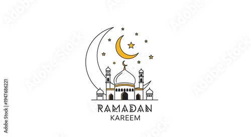 Ramadan kareem illustration featuring a crescent moon and mosque skyline