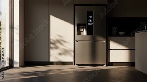 Modern kitchen interior with refrigerator, sunlight, and minimalist design. Clean and bright space.