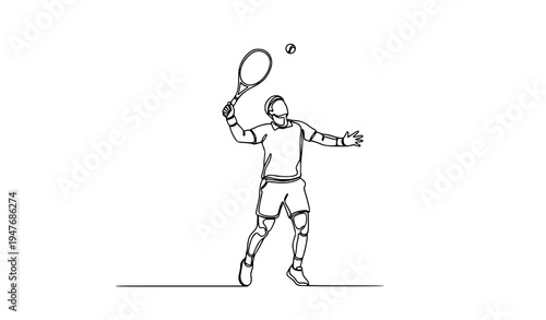 Continuous one line drawing tennis player serve action sports outline vector illustration