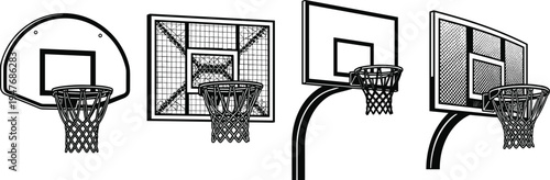 Basketball hoop set with backboard and net outlines, sports equipment icons in black and white silhouette isolated on white background.