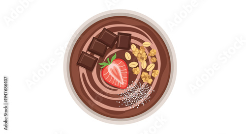 Chocolate smoothie bowl topped with fruit nuts and chia seeds