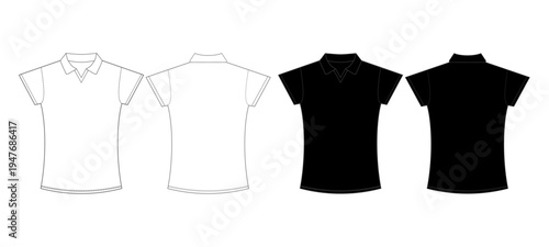Women Polo Shirt Short Sleeve Front and Back View Black and Outline Apparel Vector Template