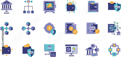 Blockchain Banking and Cryptocurrency Technology Icon Set Featuring Digital Wallets, Crypto Transactions, Secure Financial Networks and Decentralized Fintech Infrastructure