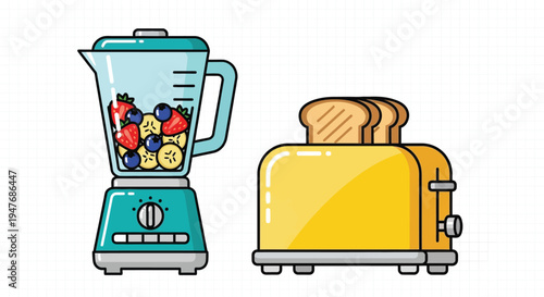 A colorful illustration depicting a blender with fruit and a yellow toaster