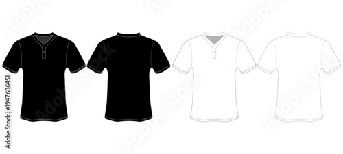 Henley T Shirt Short Sleeve Front and Back View Black and Outline Apparel Vector Template