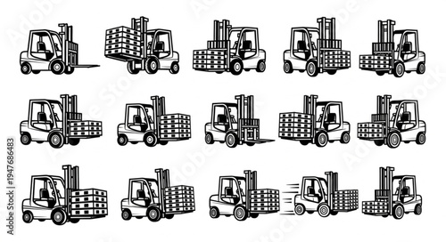 Collection of Forklift Trucks in Various Poses and Actions.