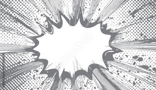 Grey comic book speech bubble with radial speed lines and halftone dots