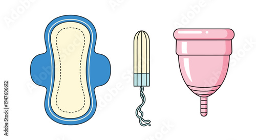 Illustration depicting a menstrual pad tampon and menstrual cup