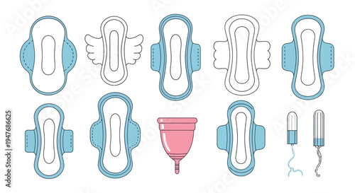Various menstrual hygiene products including pads cups and tampons displayed