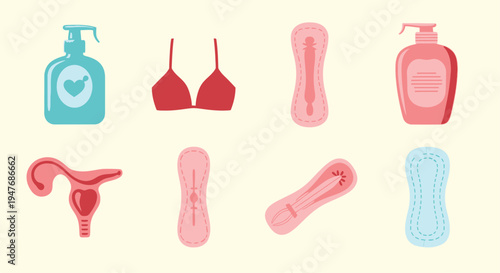 Illustrative icons representing feminine hygiene and reproductive health items