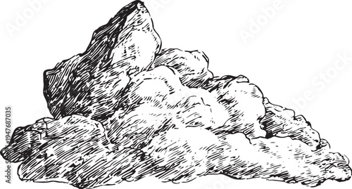 Hand drawn ink of a jagged mountain peak rock formation