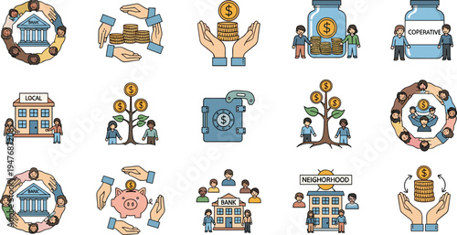 Community Banking and Cooperative Finance Icon Set Featuring Local Bank Support, Group Investment, Neighborhood Economy, Savings Protection, Financial Cooperation and Community Development Concepts