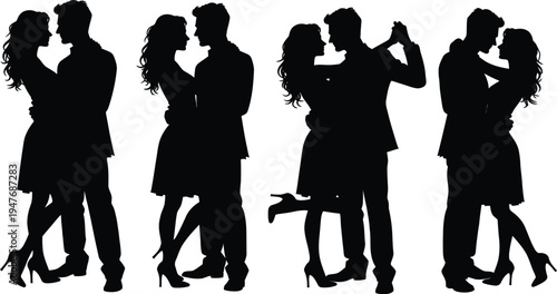 Set of 4 black silhouette couples dancing vector