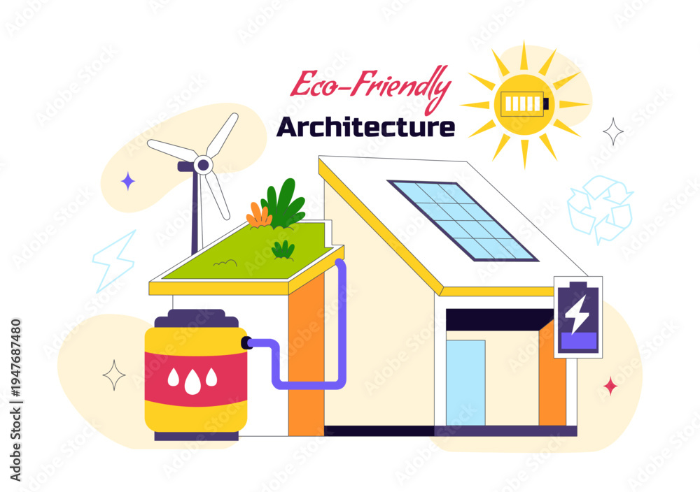Naklejka premium Eco Friendly Architecture Vector Illustration with Sustainable House Solar Panels Wind Energy Green Building Concept and Renewable Technology Design