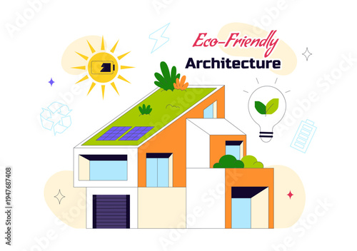 Eco Friendly Architecture Vector Illustration with Sustainable House Solar Panels Wind Energy Green Building Concept and Renewable Technology Design