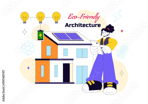 Eco Friendly Architecture Vector Illustration with Sustainable House Solar Panels Wind Energy Green Building Concept and Renewable Technology Design