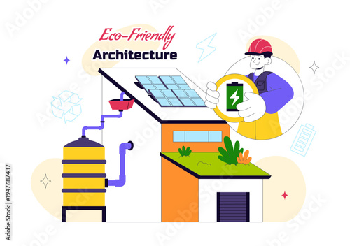 Eco Friendly Architecture Vector Illustration with Sustainable House Solar Panels Wind Energy Green Building Concept and Renewable Technology Design