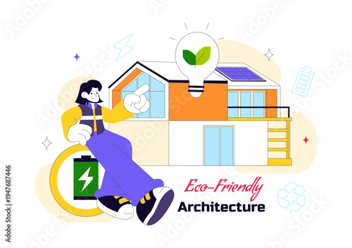 Eco Friendly Architecture Vector Illustration with Sustainable House Solar Panels Wind Energy Green Building Concept and Renewable Technology Design
