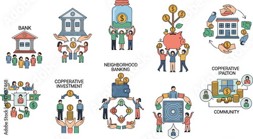 Community Banking and Cooperative Investment Icon Set Featuring Neighborhood Savings, Group Funding, Local Bank Support and Community Economic Development Concepts